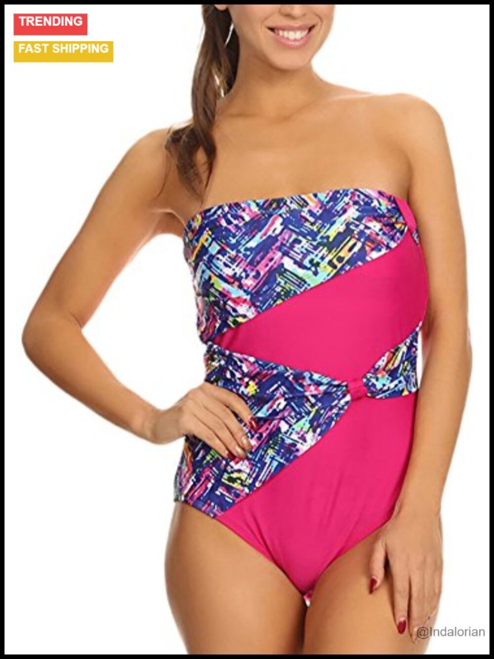 Draped Strapless Bandeau One Piece Swimsuit Bra Cups Removable Straps Nylon